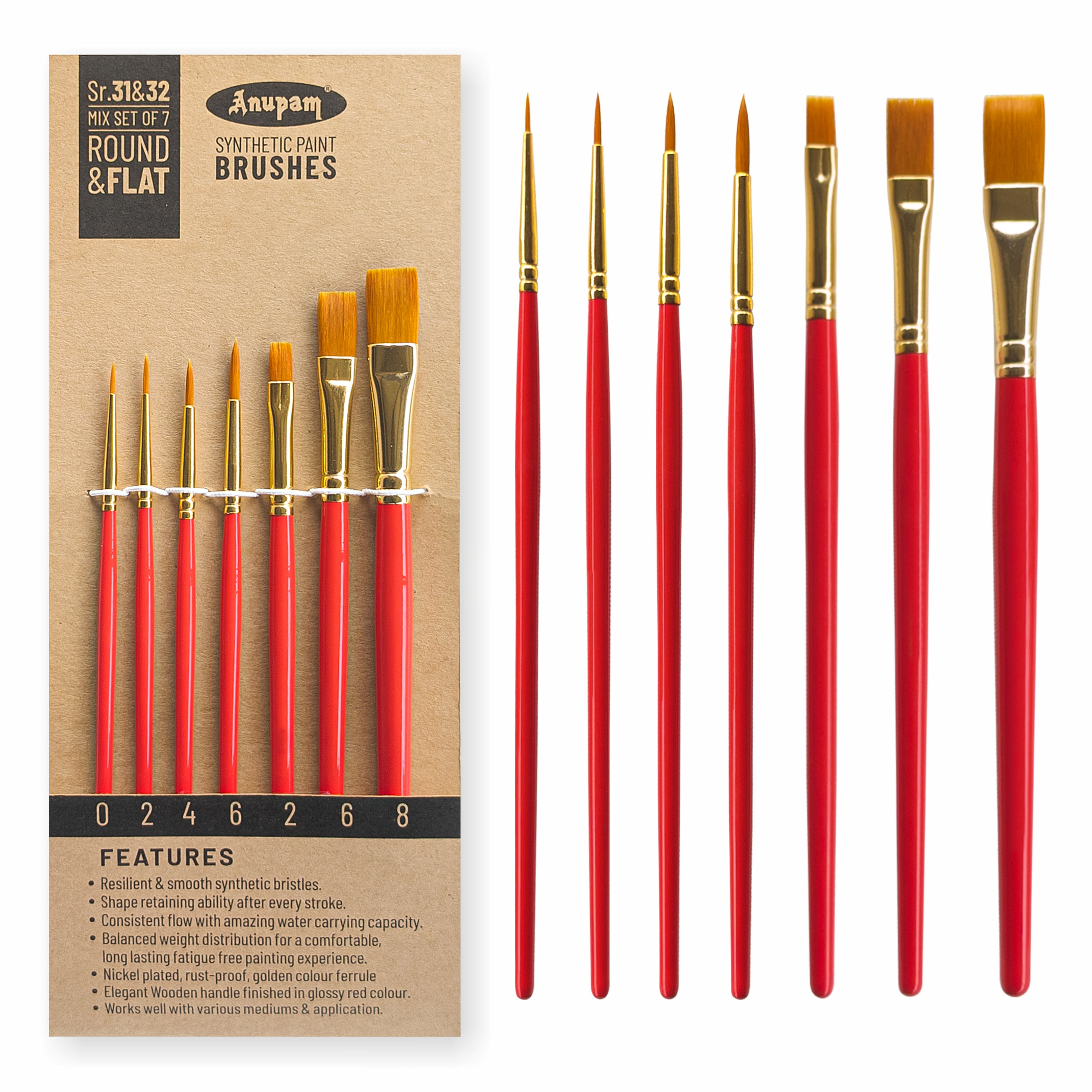 Anupam Round and Flat Synthetic Mix Painting Brush Set of 7pc Short Handle Painting Brush for Watercolor, Acrylic & One Stroke Painting (Sr. 31 & 32)